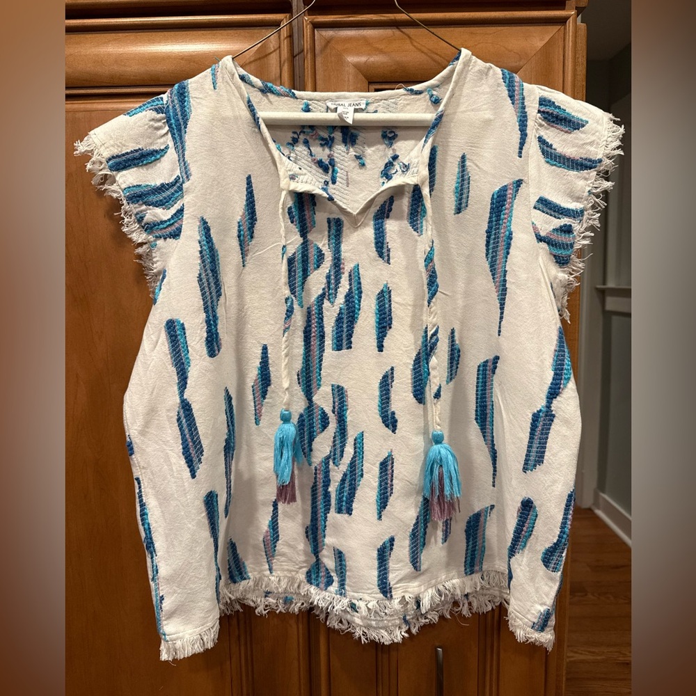 Tribal Jeans blue and white cotton top size Large